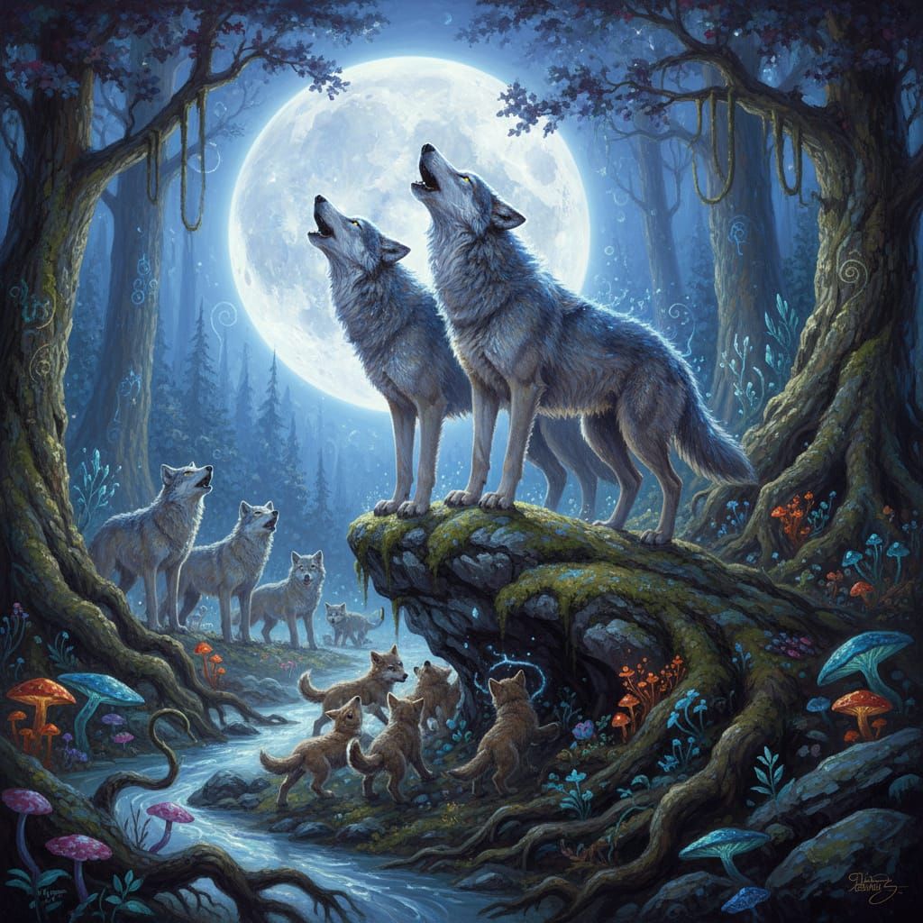 Majestic Wolves Howling at Moonlit Forest