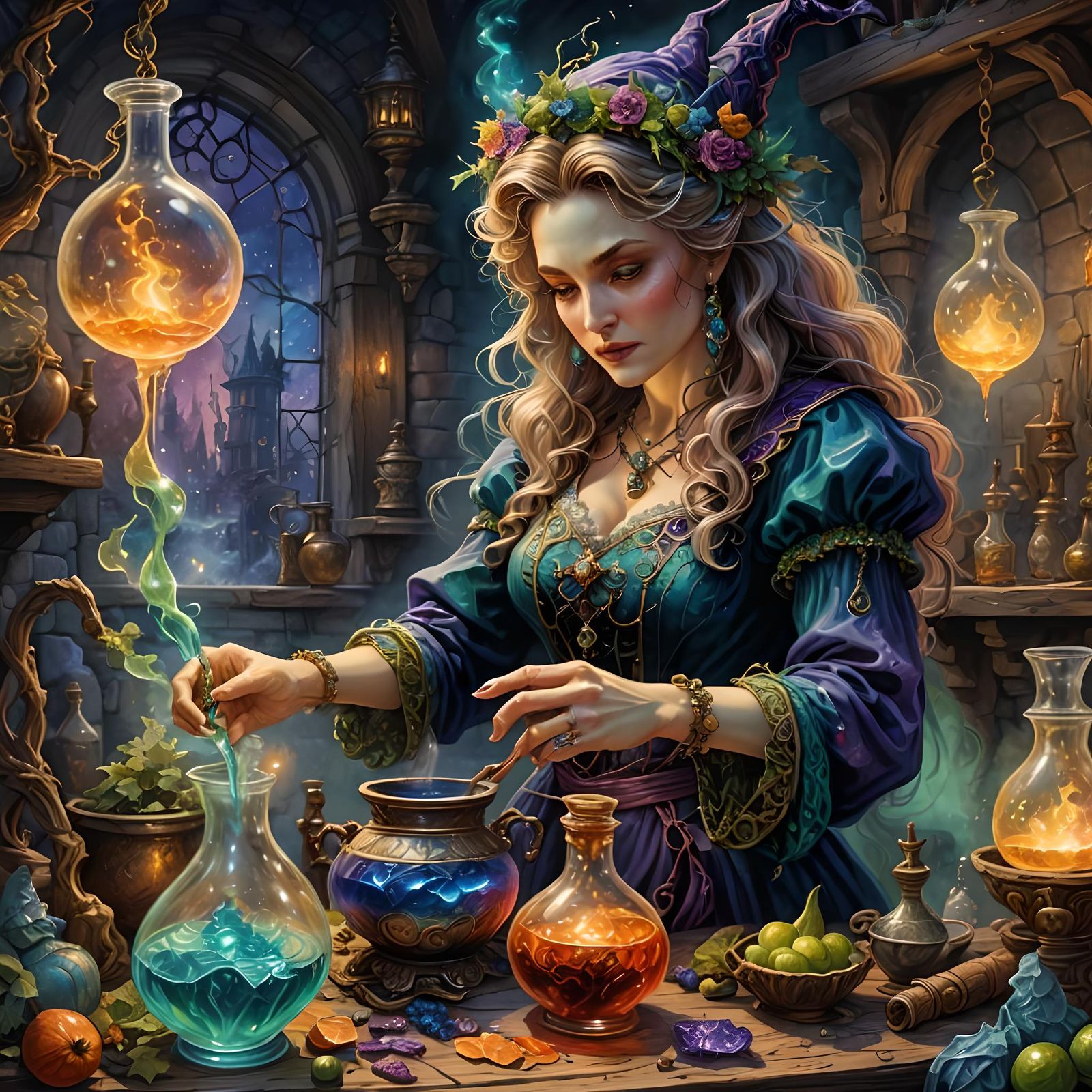 Evil Witch's Fantasy Potion: Ink and Watercolor Style