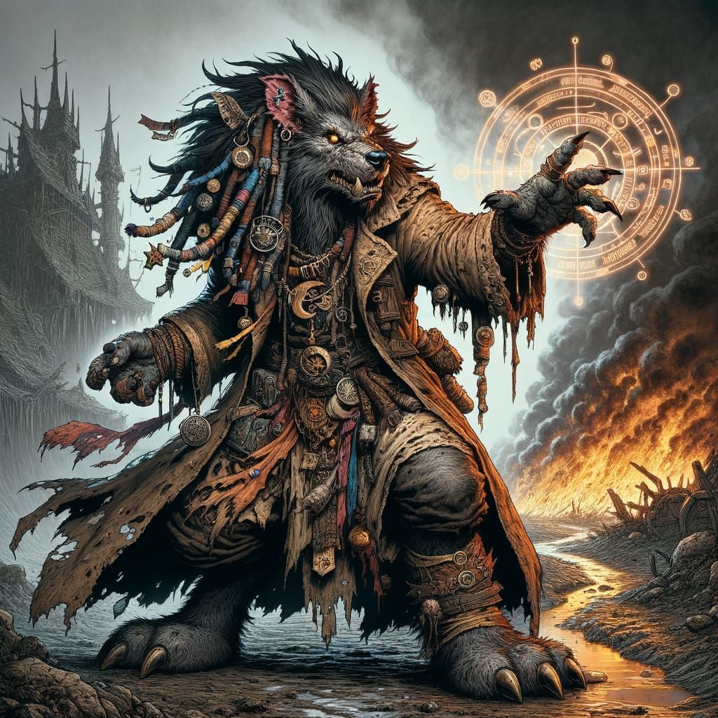 Gnoll Warlock Casting Spell in Comic Book Style