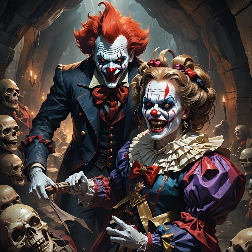Horror Clown Versus Vampire in Cave, Detailed Portrait