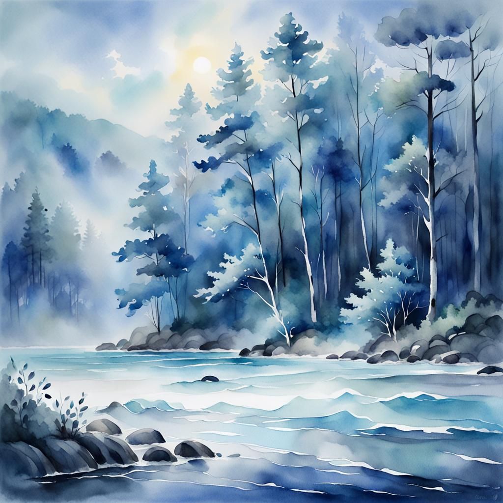 Ethereal Forest Meets Sea in Watercolor Art