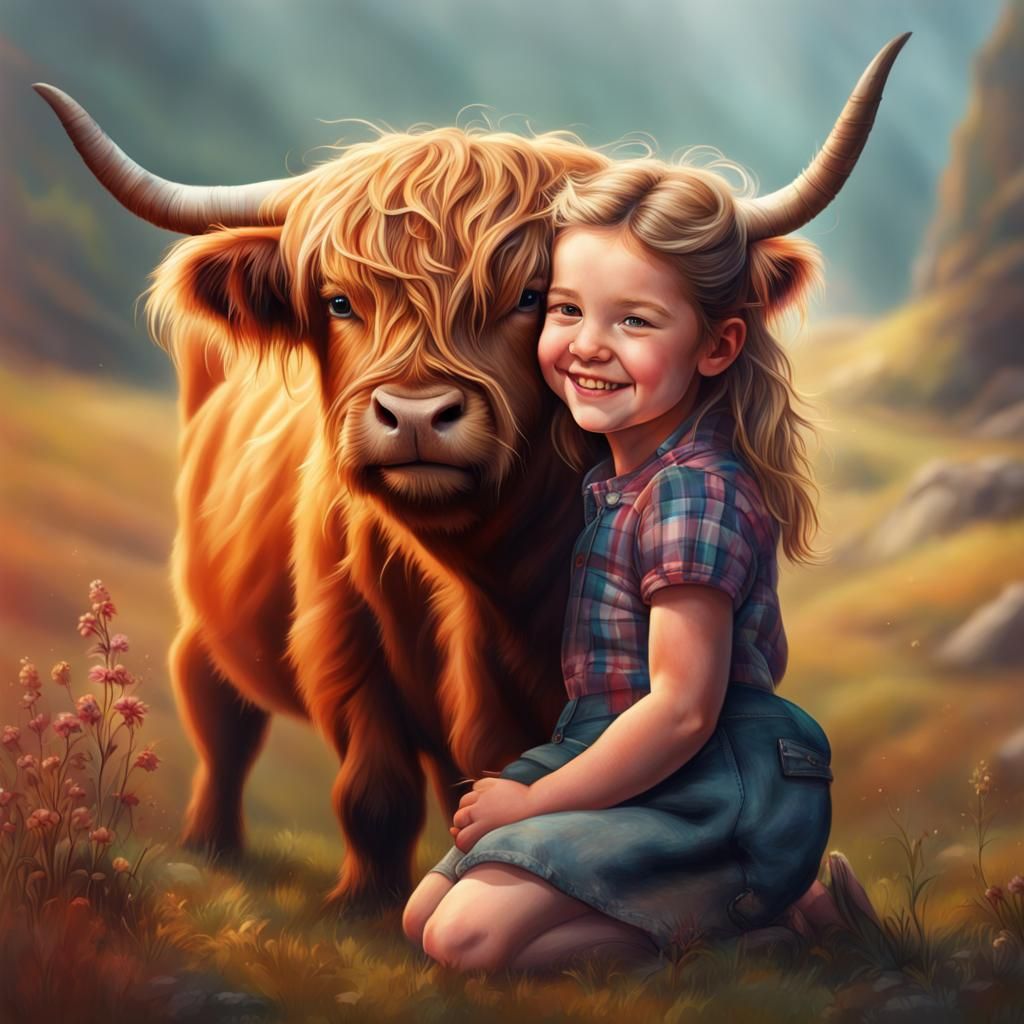 Scottish Girl and Highland Cow: Hyperrealistic Splash Art