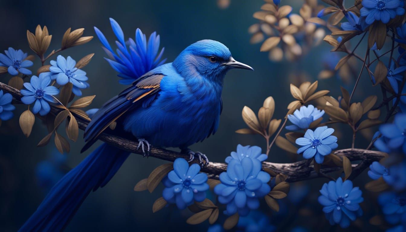Blue Bird Among Blooming Flowers: Hyperdetailed Art