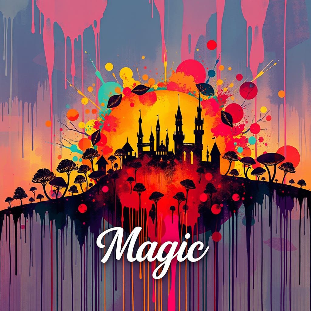 Vibrant Sunset Fairytale Cityscape in Drippy Abstract Style
