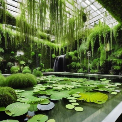 Eco-friendly indoor oasis with beautiful crystal clear water & plants growing everywhere& water lilies in the water& Mos...