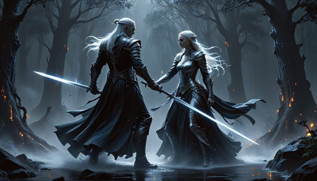 Epic Fantasy Duel in Shimmering Silver and Midnight Black