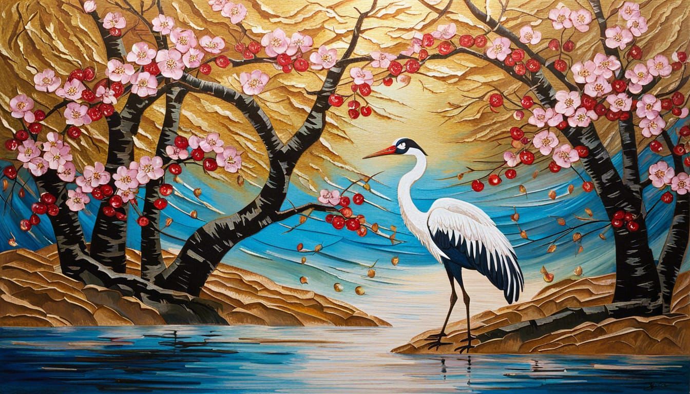 Crane and Cherry Blossoms: Impasto Expressionist Painting