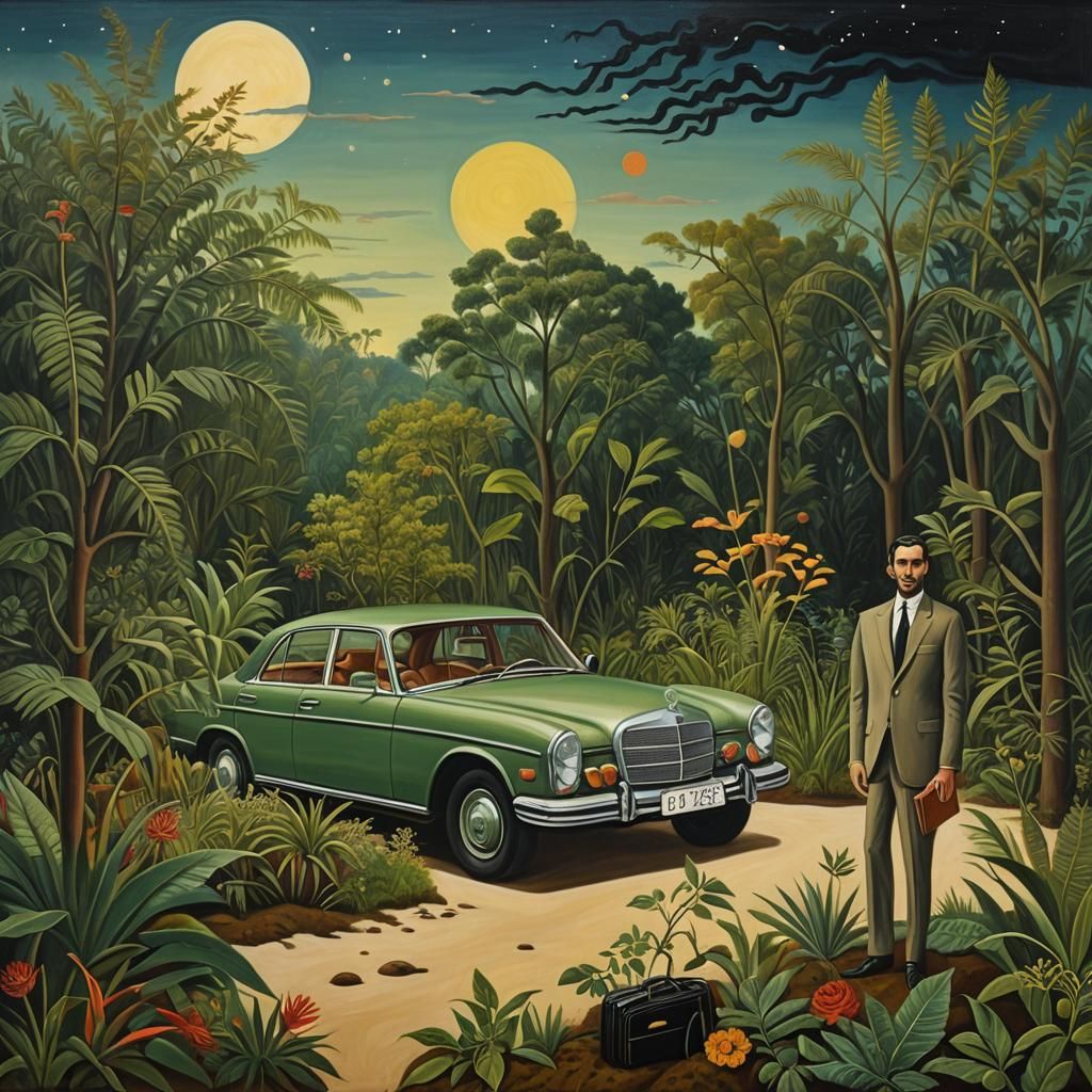 Dreamlike Scene: Man on Exoplanet in Rousseau Style