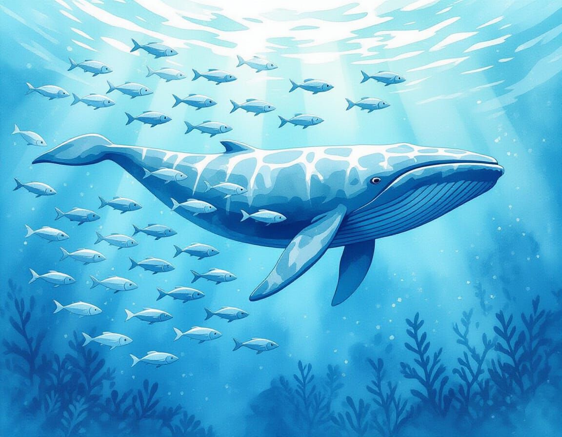 School of Silver Fish Forms Whale in Watercolor