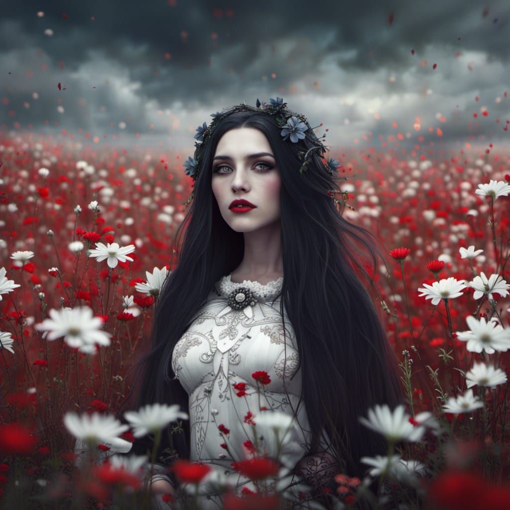 Gothic Girl Relaxing in Flower Field: Digital Painting