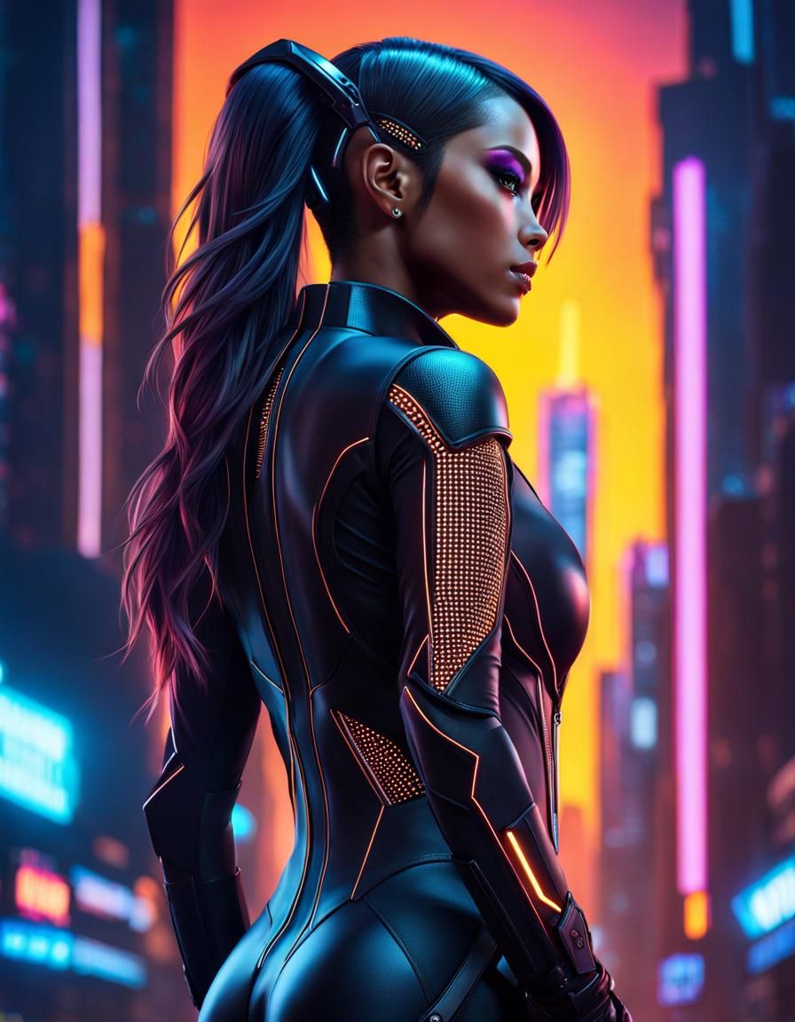 Alluring Cyberpunk Girl in Neon Cityscape