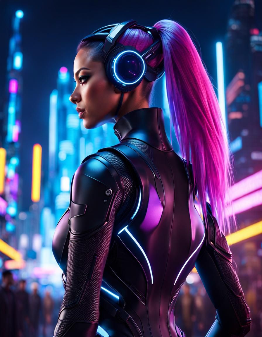 Alluring Cyberpunk Girl in Neon Cityscape