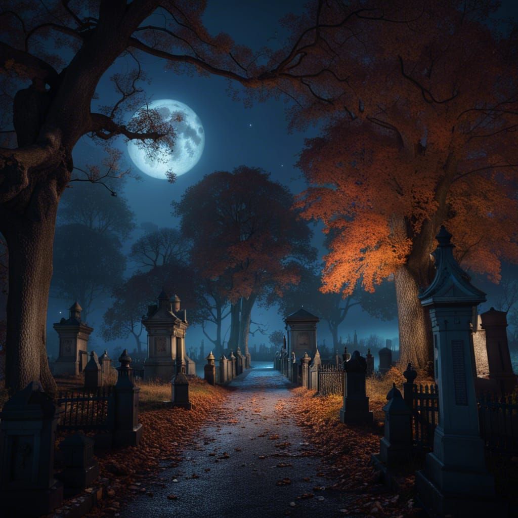 Sleepy Hollow Cemetery at Night in Moonlight