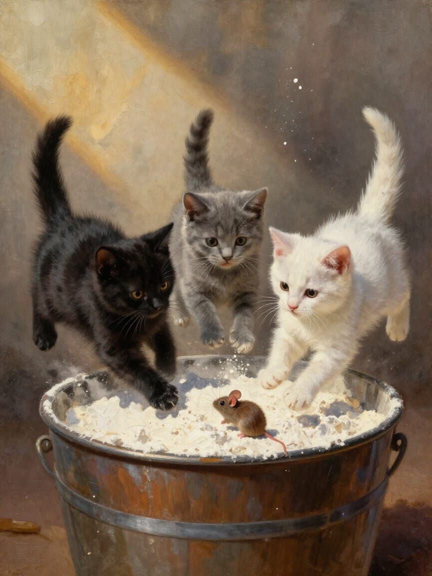 Kittens Chase Mouse into Flour Barrel in Dramatic Light