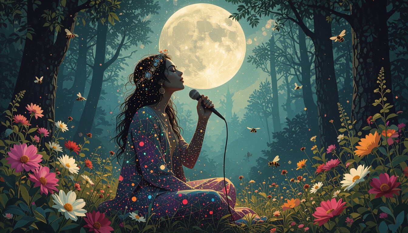 Mystical Bio Art Collage: Rebel Sings Under Enchanted Moonli...