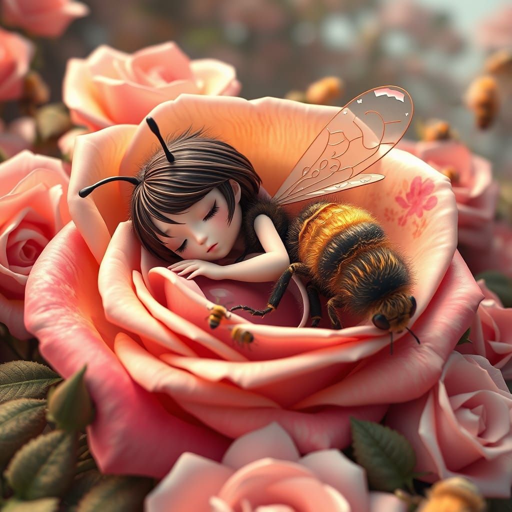 Princess Bee Sleeping in Rose Bed: 3D Anime Art