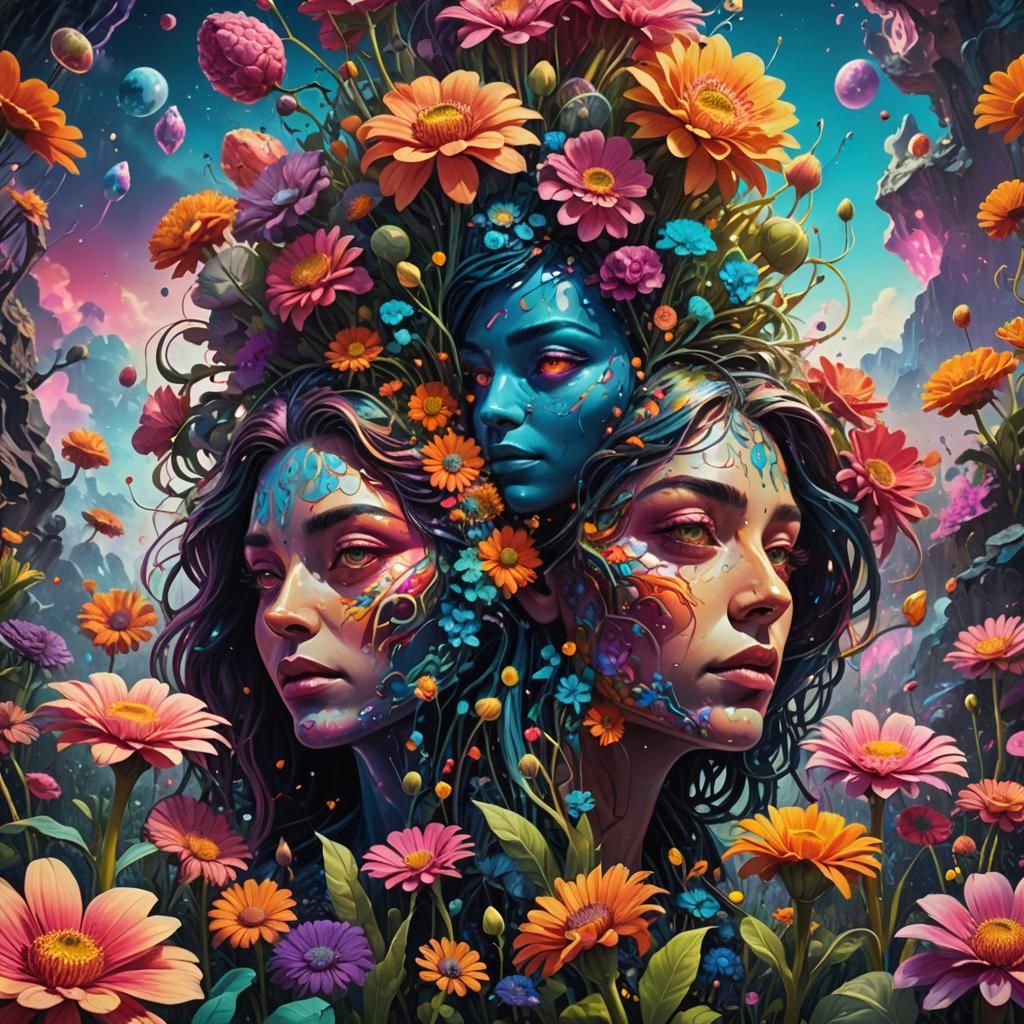 Psychedelic Sci-Fi Landscape with Floral Faces