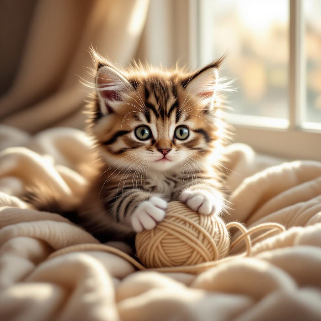 Fluffy Kitten Plays with Yarn in Dreamy Sunlight