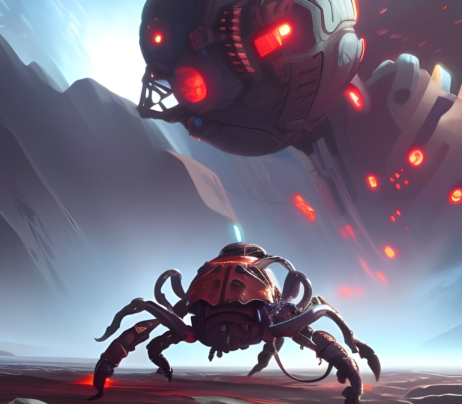 biomechsnic mecha kingcrab  brawler showdown war scene explosions, crab claw weapon in action pinchers