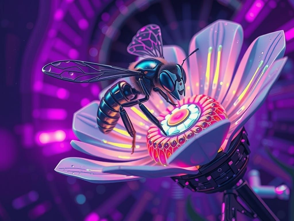 Biomechanical Bee in Neon Bloom, Cyberpunk Style