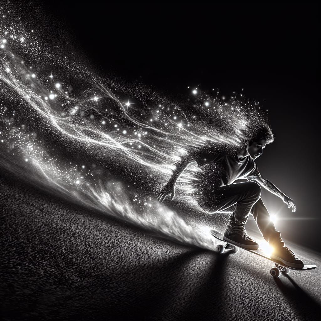 High Contrast Skateboarder with Luminous Dust
