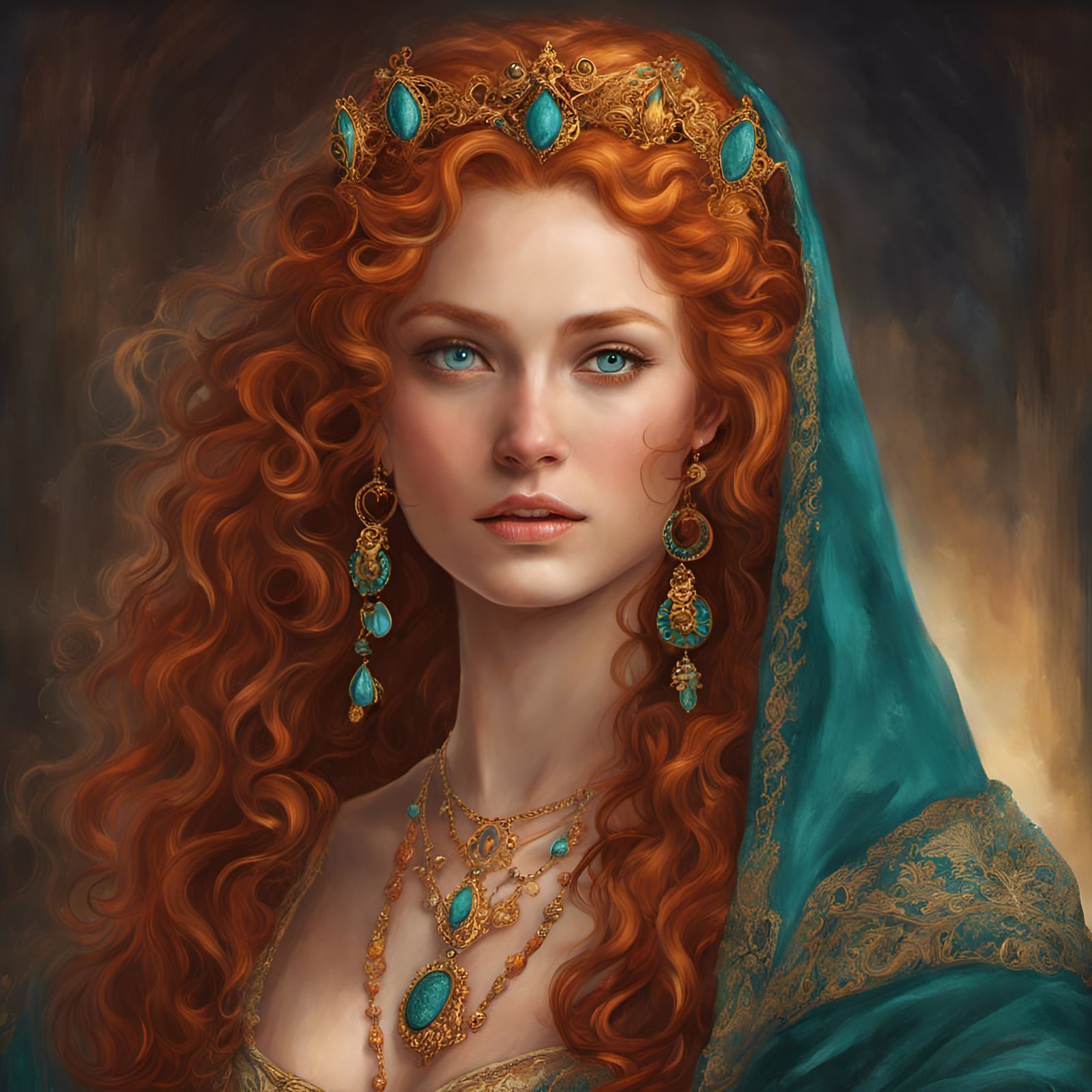 Beautiful Woman with Red-Gold Hair in Medieval Gown