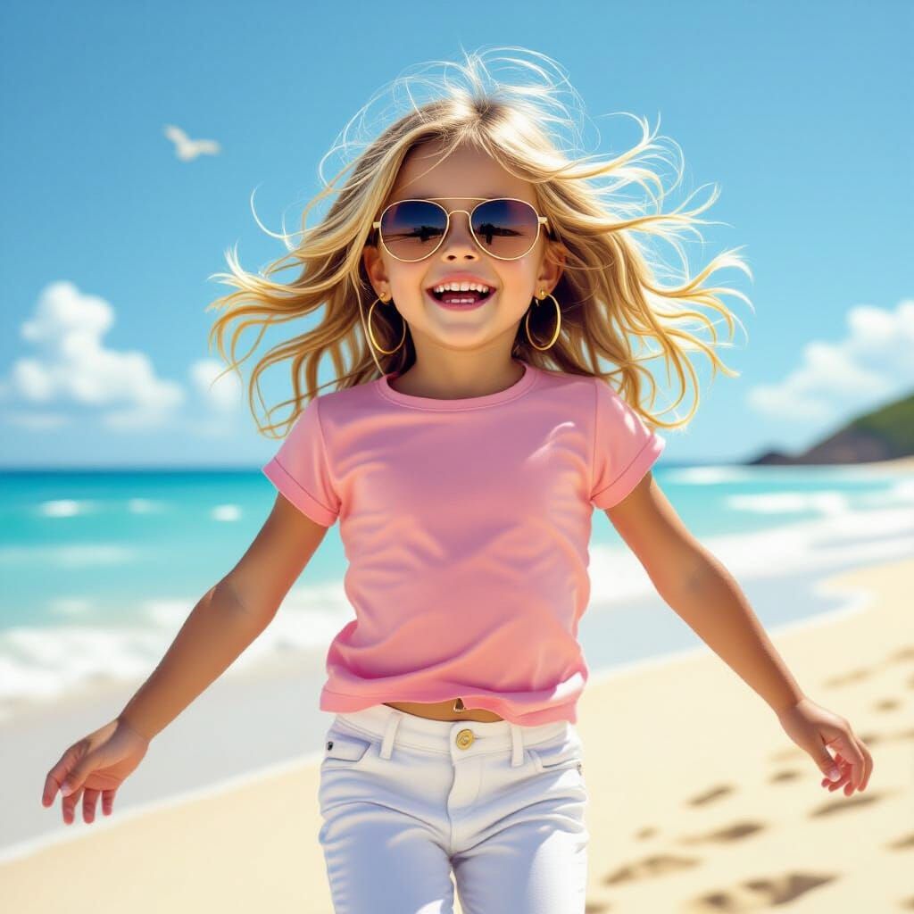 Joyful Girl Jumps on Sunny Beach in Realistic Style