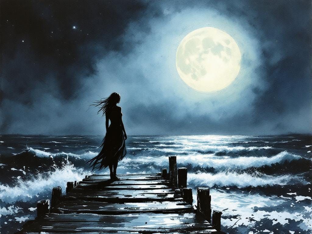Woman on Dock Under Moonlight: Mixed Media Painting