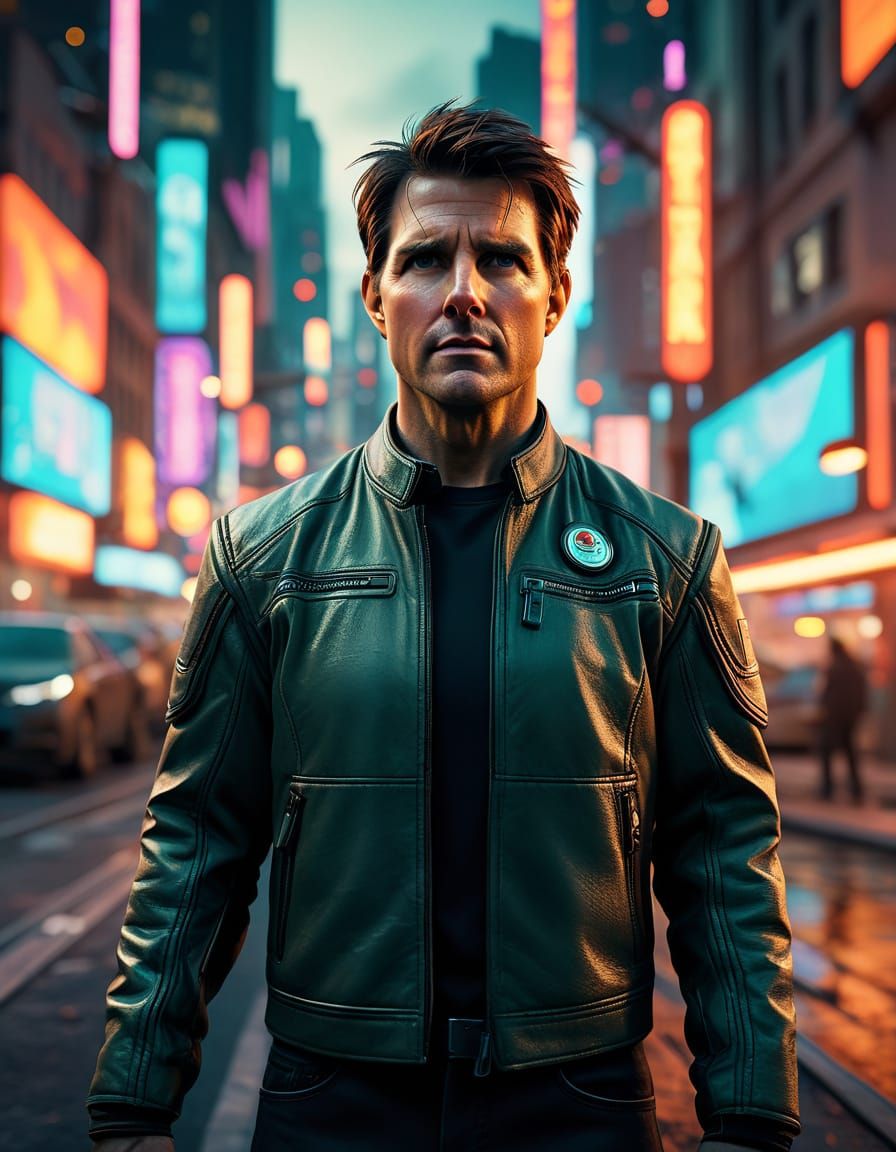 Tom Cruise in Vibrant Futuristic Cityscape