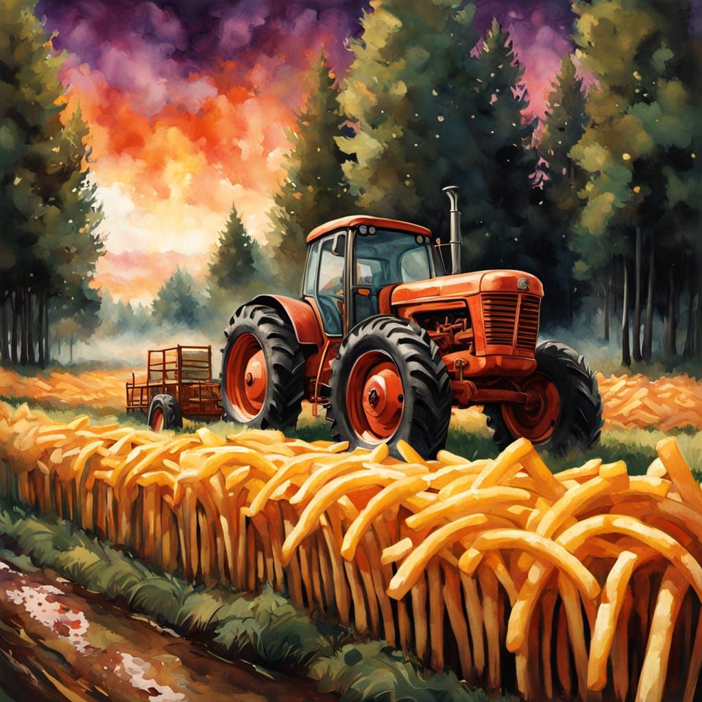Vintage Tractor in French Fry Field, Watercolor Style