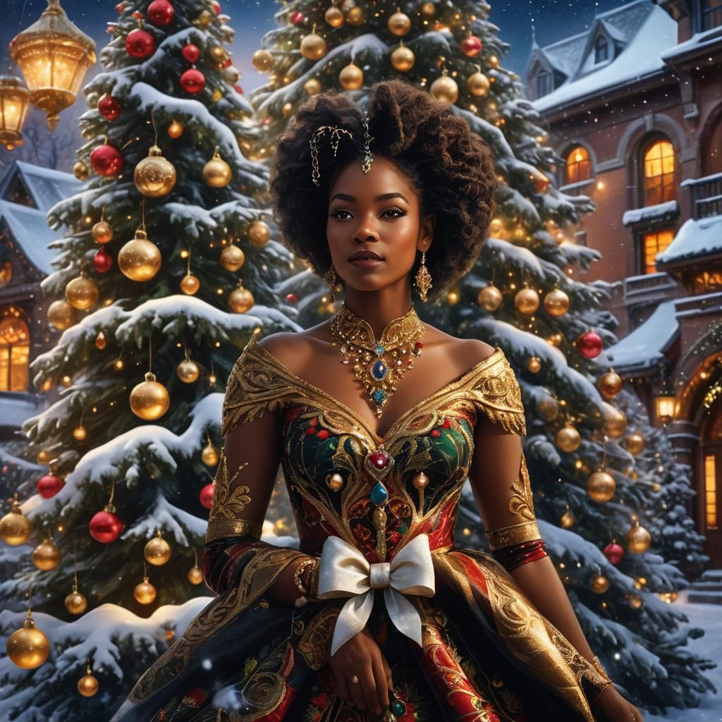 Beautiful Black Woman Wishes Christmas Cheer Beside Elegant...