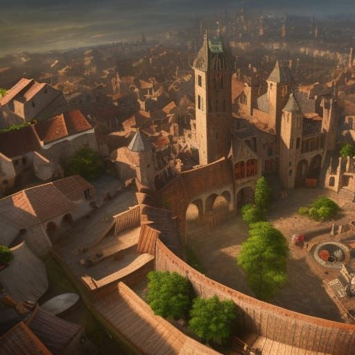 Bird's Eye View of a Fantastical Medieval Town