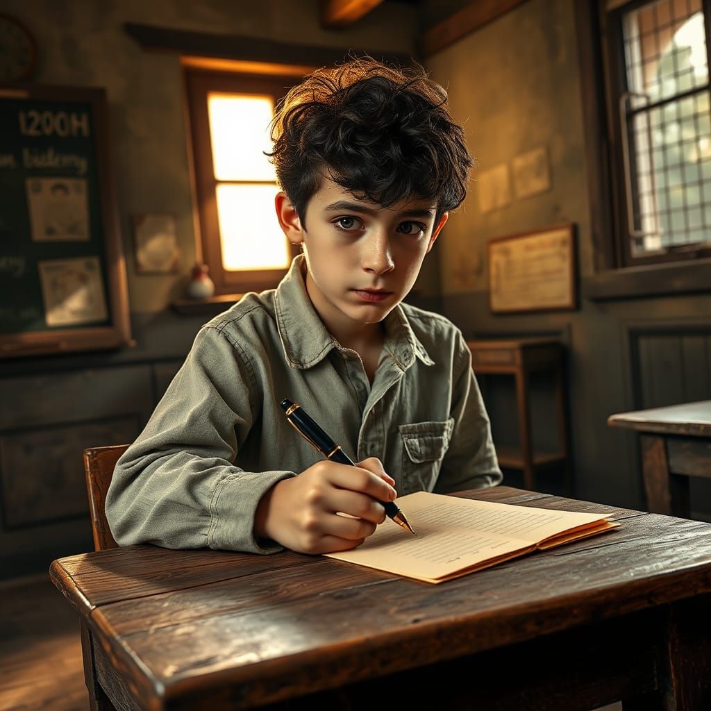 Boy Writes Cursive in Rural School, Digital Matte Painting