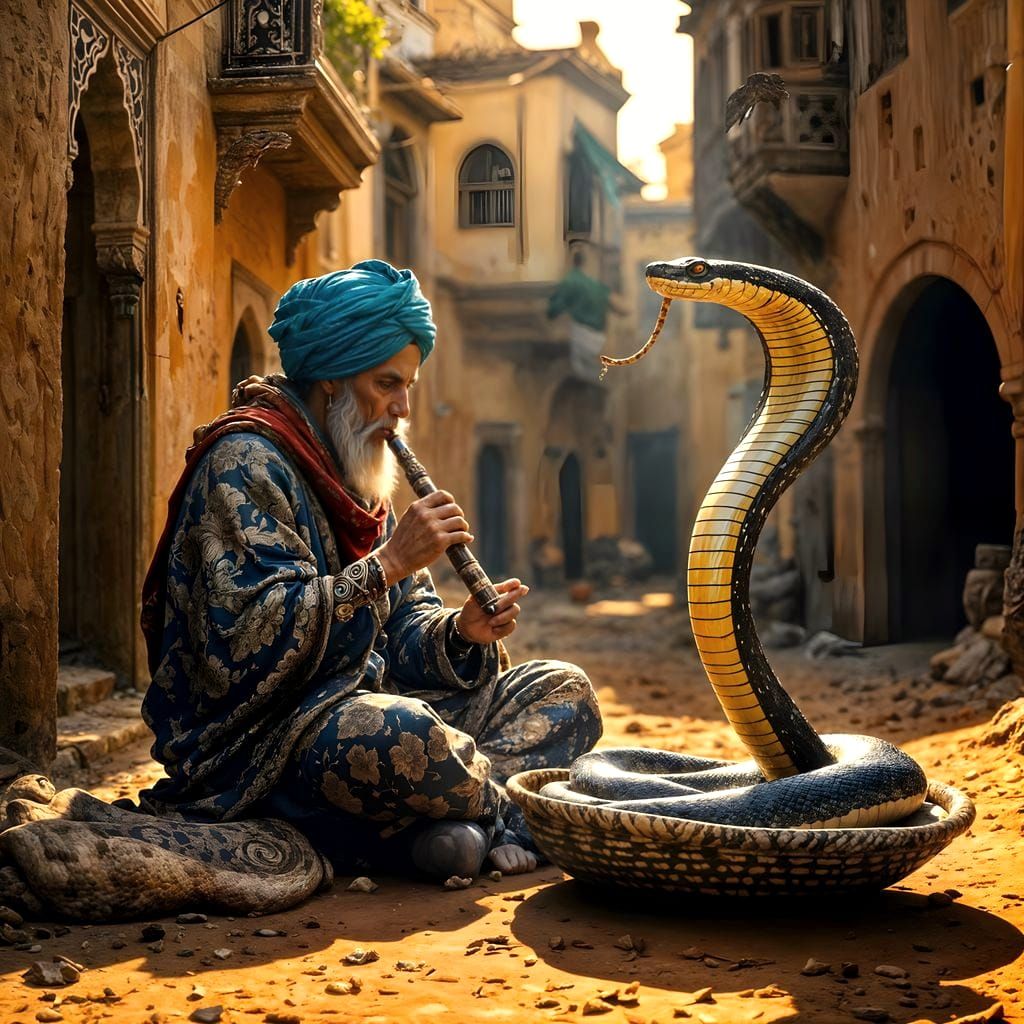 Surreal Moroccan Street Scene Depicts Snake Charmer and Cobr...