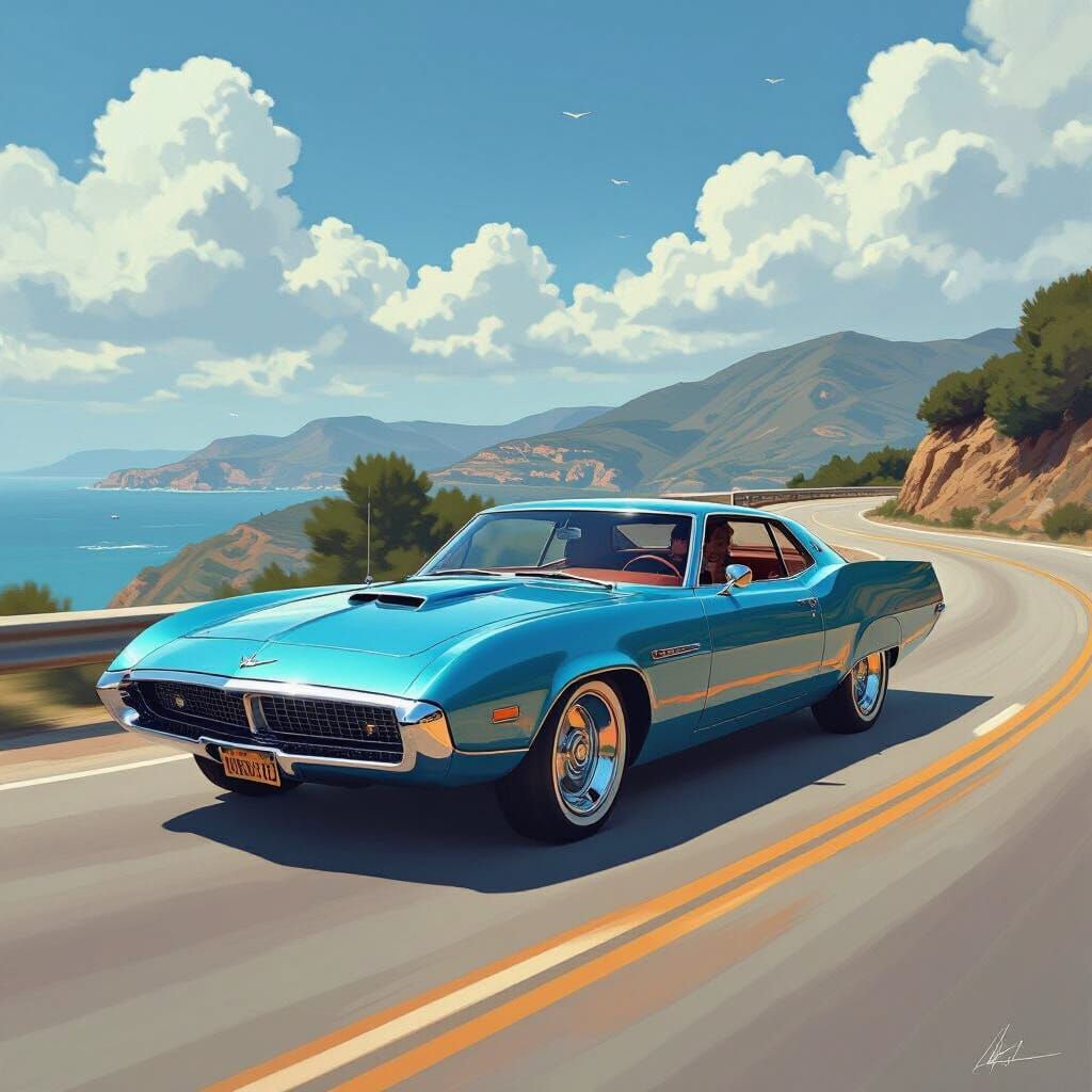 Vintage Car Speeding in Futuristic Concept Art Style