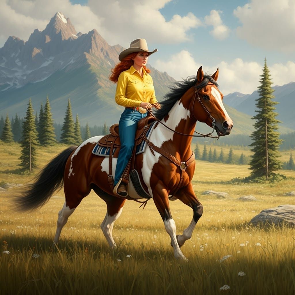 Galloping Cowgirl in a Sunset Meadow