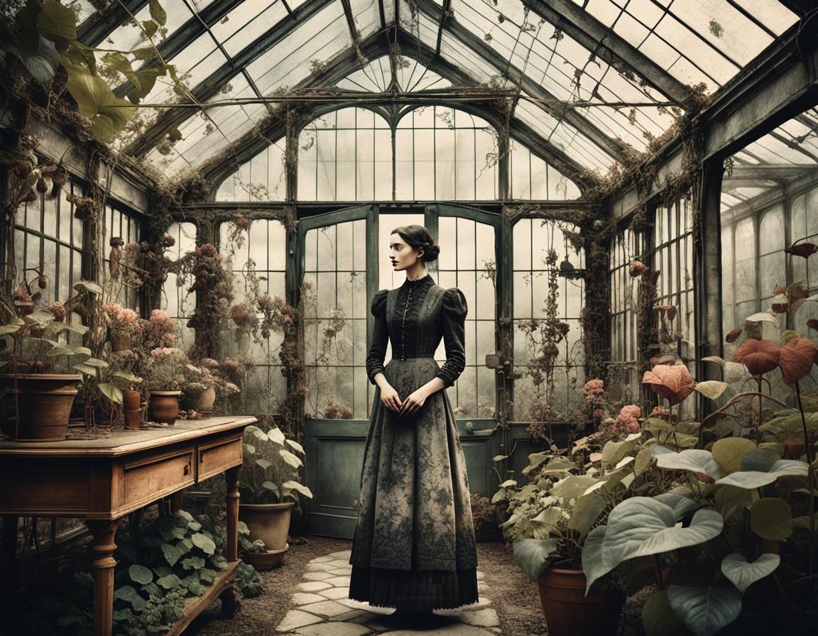 Eerie Greenhouse Scene in Vintage Floral Aesthetic