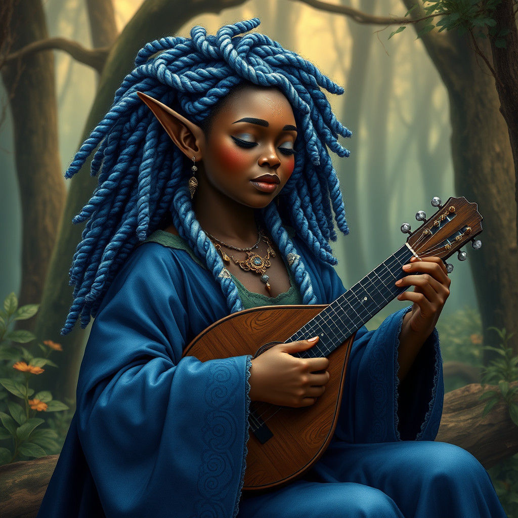 Black Elf Woman Singing in Mystical Forest