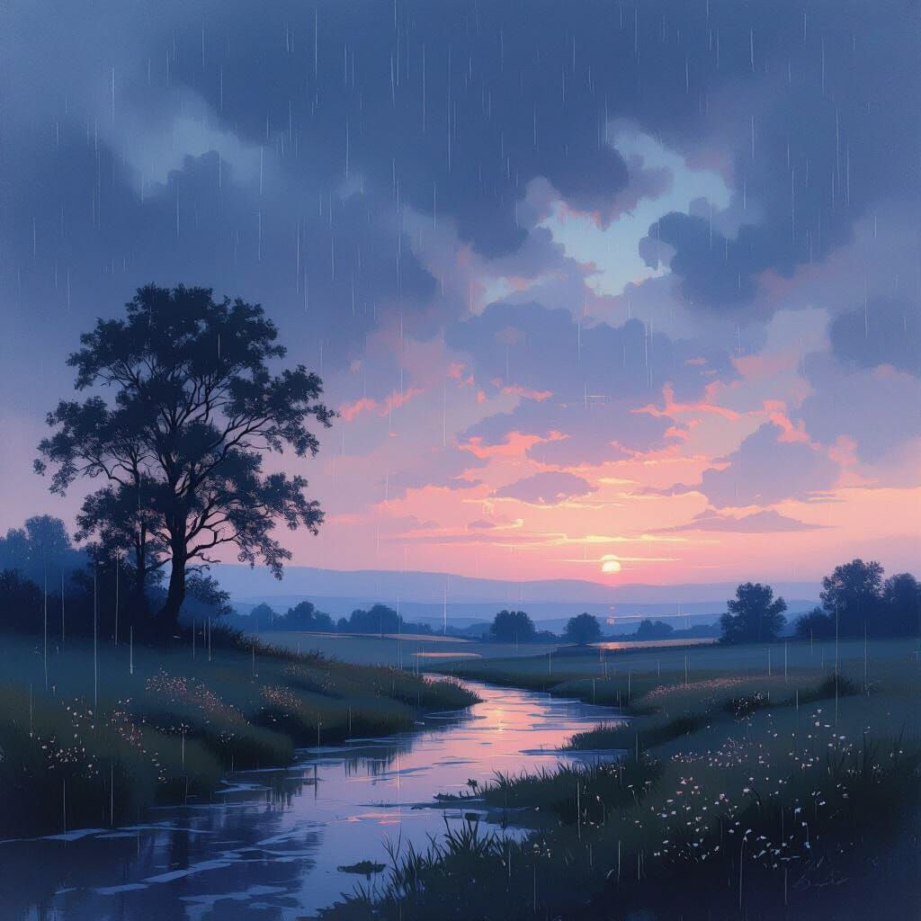 Atmospheric Landscape with Twilight Hues and Gentle Rain