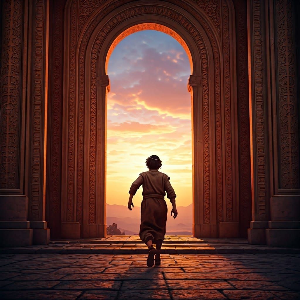 Boy Races to Ancient Gate at Sunset, Hyper-Realistic Style
