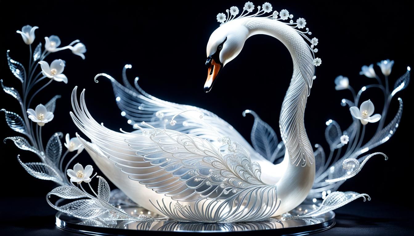 Bioluminescent Swans in Glass Sculpture Style