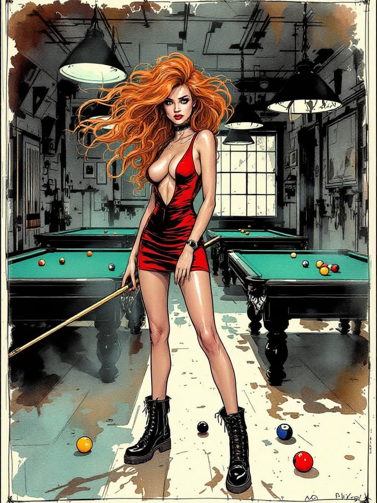 Confident Woman with Red Hair in Pool Hall