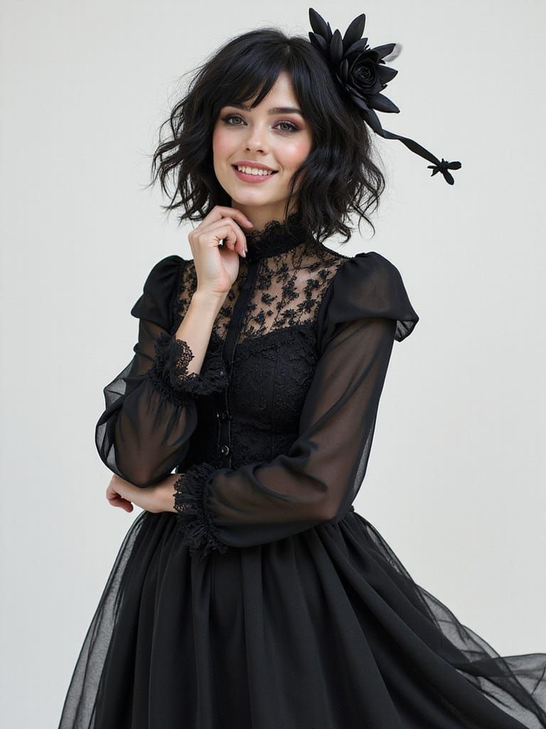 Smiling Gothic Woman in Black Dress, Digital Art