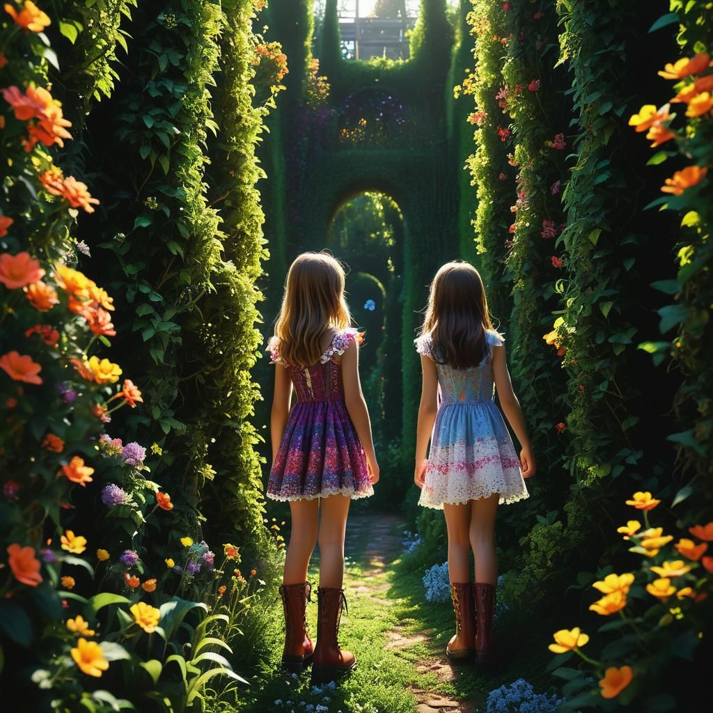 Girl in a Syrupy Hedge Maze: Hyperrealistic Art