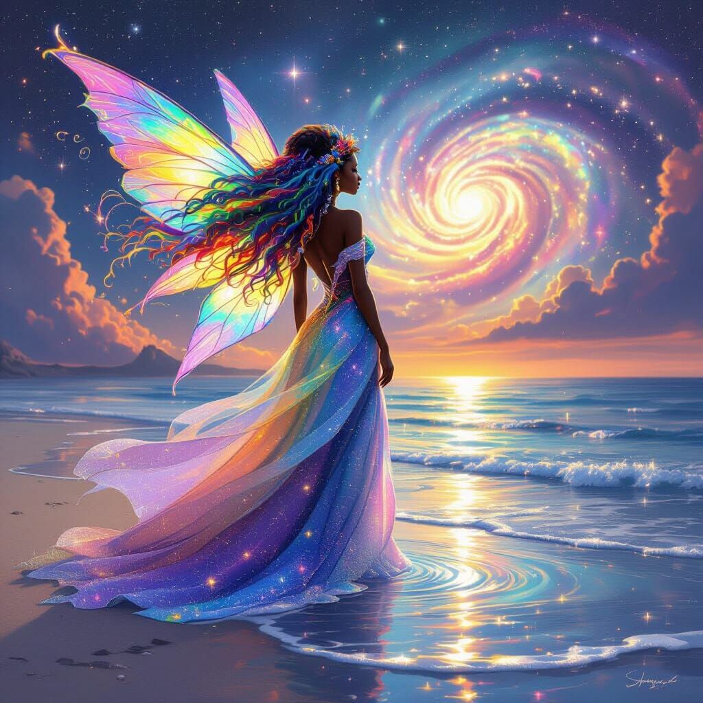 Cosmic Fairy with Rainbow Hair on Galaxy Beach