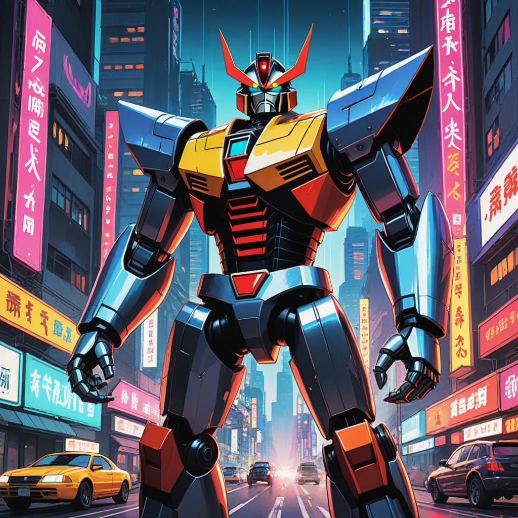 Cyberpunk Anime Robot Rises in Futuristic City