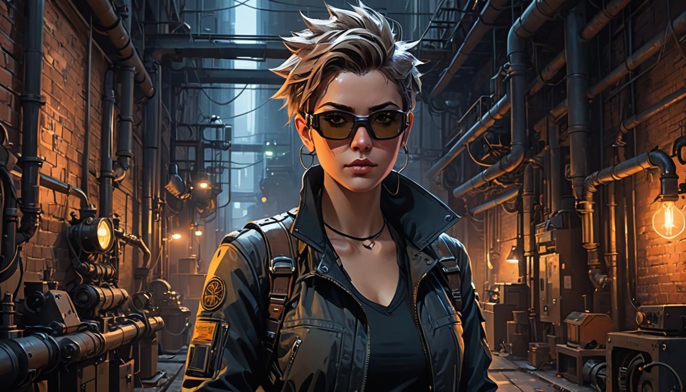 Dieselpunk Girl in Industrial Alleyway