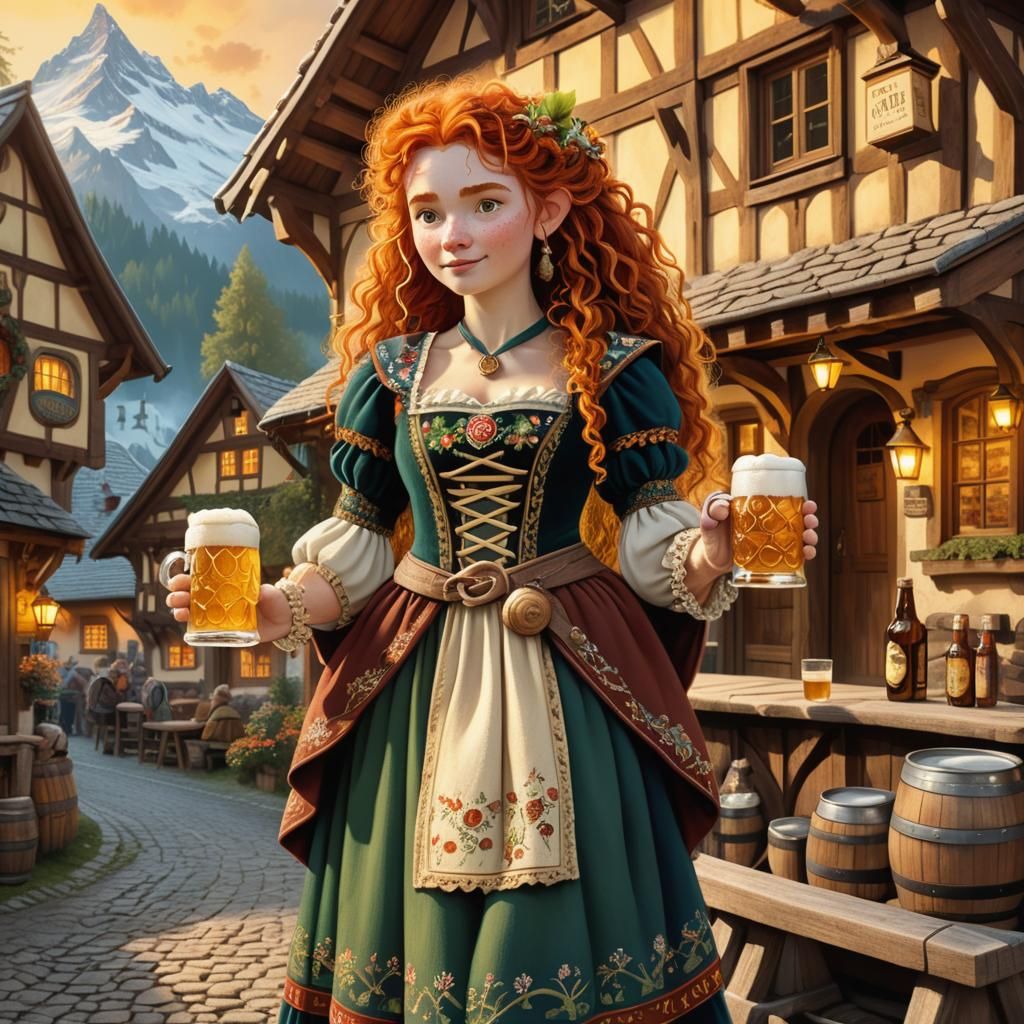 Merida in Swiss Costume with Beer, Fantasy Illustration