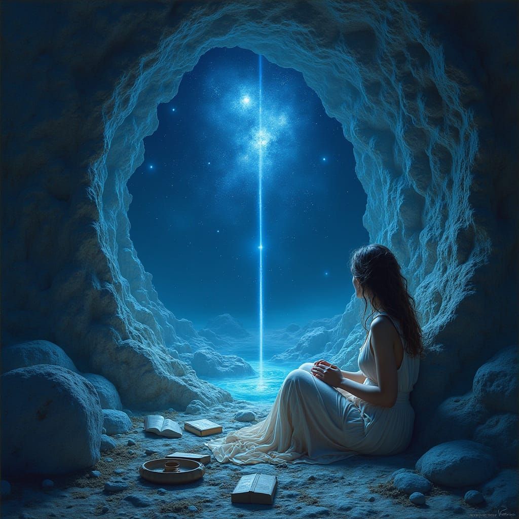 A Serene Sorceress in Blue Stone Chair