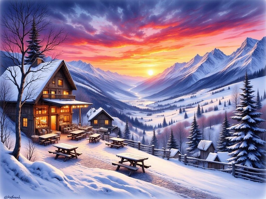 Alps Ski Resort Terrace at Sunset in Vivid Ink Style